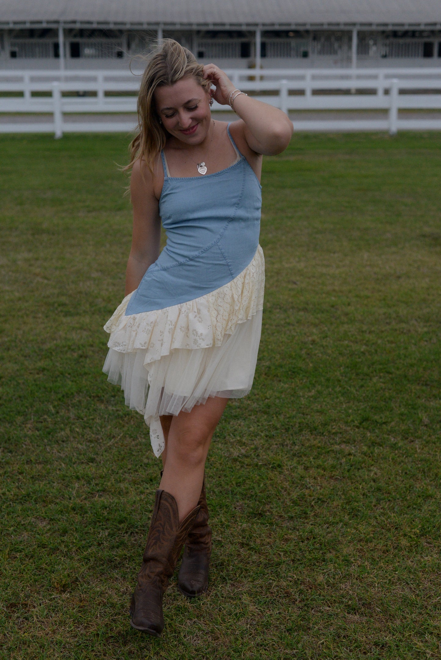 CARRIE DENIM RUFFLE MINI DRESS