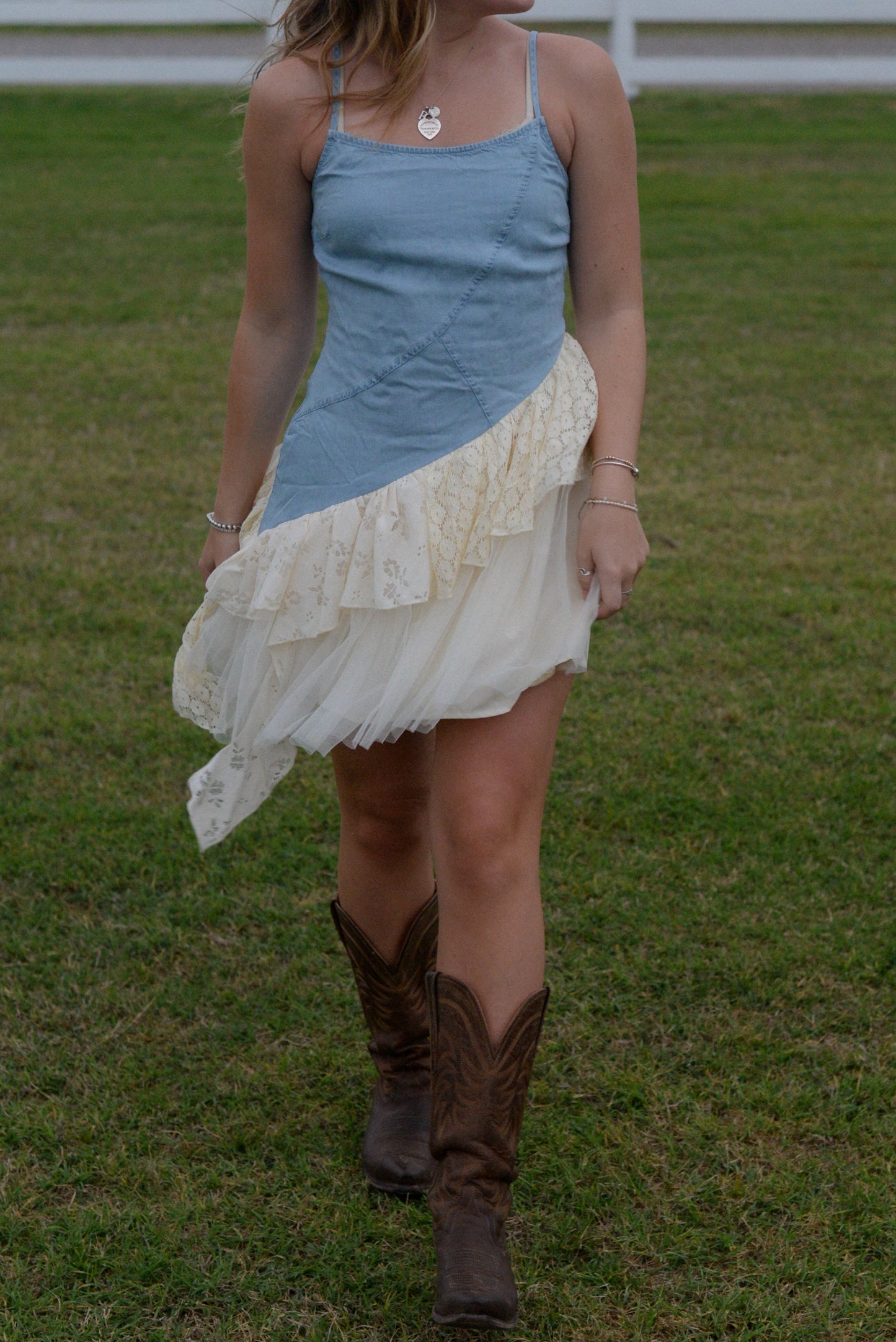 CARRIE DENIM RUFFLE MINI DRESS