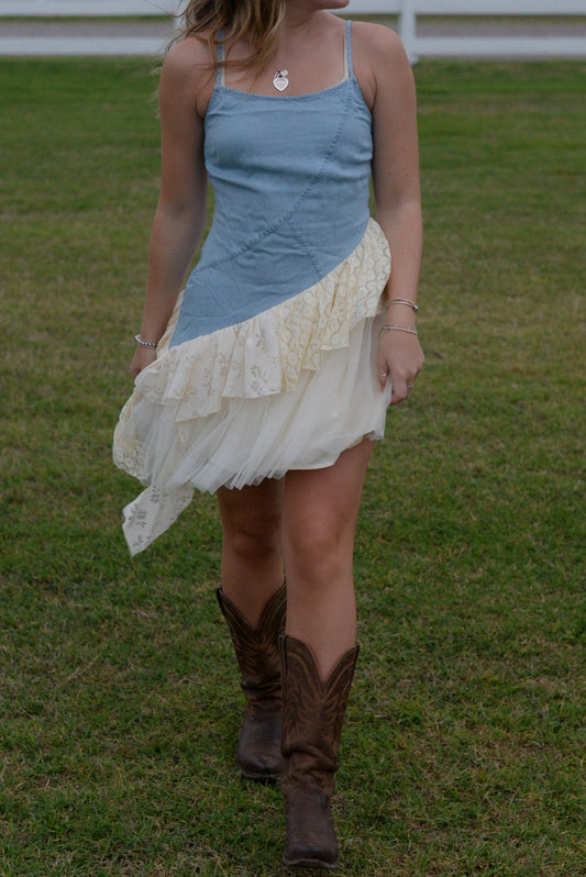 CARRIE DENIM RUFFLE MINI DRESS